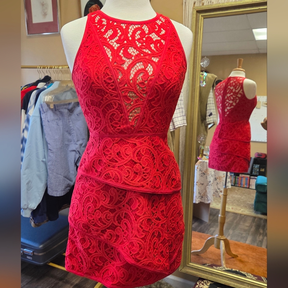 BCBGMaxAzria Vibrant Red Lace Mini Dress